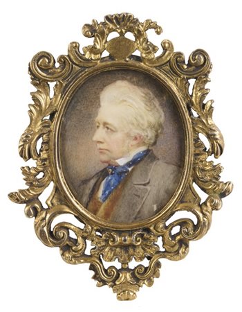 Maestro dell'inizio del secolo XIX. "Gentiluomo con fiocco blu" miniatura ovale