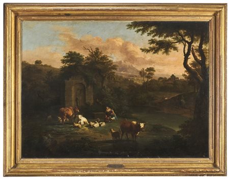 Scuola del secolo XVIII

"Paesaggio rupestre con pastori"
olio su tela (cm 107x