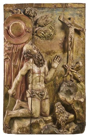 Scultore del secolo XVII. "San Girolamo penitente", altorilievo in legno intagl