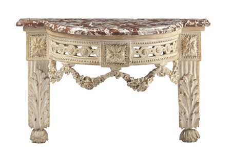 Console a demi lune in legno intagliato e dipinto, fascia traforata con fiori e