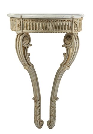 Console in legno intagliato, dipinto e scanalato, fascia dentellata con decoro