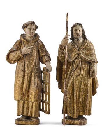 Scultore del secolo XVII. San Lorenzo e San Giacomo, due sculture in legno inta