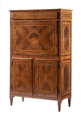 Secretaire lastronato ed intarsiato in palissandro, bois de rose e legni di var