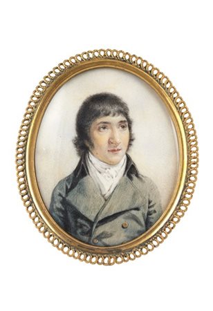 Maestro del secolo XIX. "Ritratto di gentiluomo in cappotto grigio" miniatura o