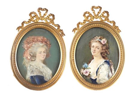 Firma indecifrata, fine secolo XIX. "Dame" coppia di miniature ovali su avorio