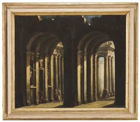 Scuola del secolo XVIII

"Capriccio architettonico con figure"
olio su tela (cm