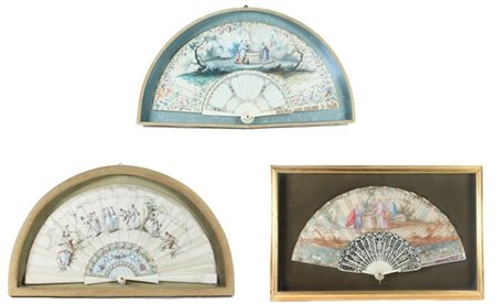 Arte del secolo XVIII- XIX. Lotto composto da tre ventagli con stecche in avori