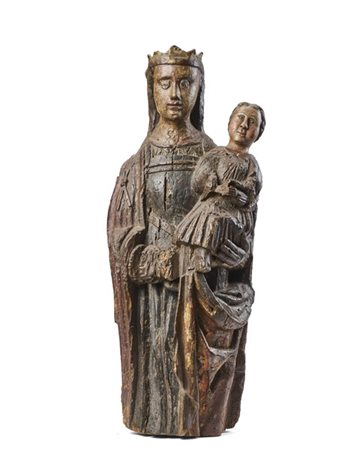 Scultore dell'Alto-Veneto, secolo XV. "Madonna con Bambino" in legno intagliato