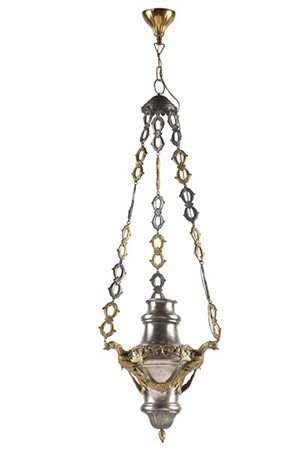 Turibolo in argento, bronzo dorato e metallo argentato, sbalzato e inciso, anse