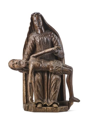 Scultore nordico, fine secolo XVIII. "Pietà" in legno intagliato, iscrizione "N