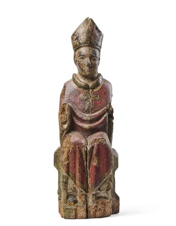 Scultore dell'Italia centrale, secolo XIV. "Santo vescovo in trono" in legno in