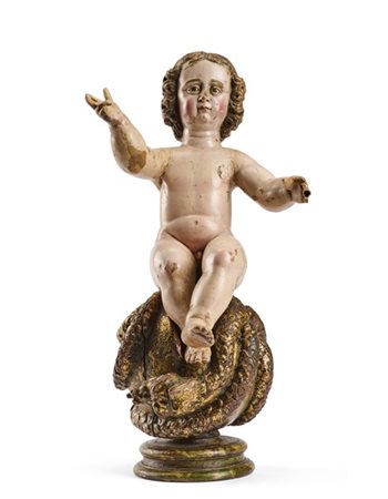 Scultore spagnolo, secolo XVII-XVIII. "Bambin Gesù benedicente" in legno intagl