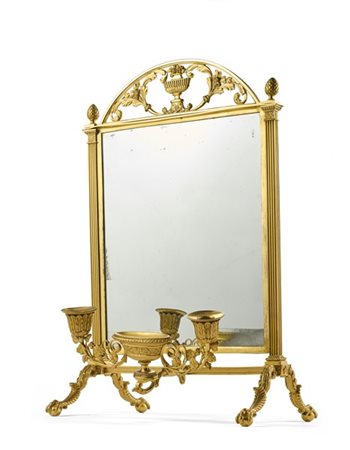 Psiche da tavola in bronzo con candelabro a due luci, cimasa a vaso di fiori tr