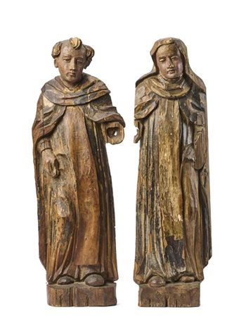Scultore del secolo XVIII. "Santa Caterina e San Domenico" in legno intagliato