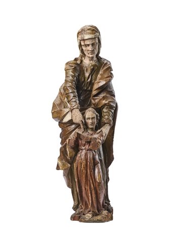 Scultore del secolo XVIII. "Sant'Anna con la Vergine bambina" in legno intaglia