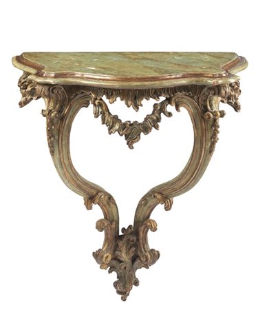 Console a goccia in legno intagliato e dorato, piano laccato a finto marmo, gre