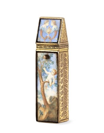 Arte del secolo XIX. Porta necessaire in metallo dorato inciso a motivi vegetal