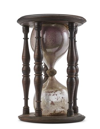 Clessidra a sabbia con ampolle in vetro soffiato, sostegno di forma circolare c