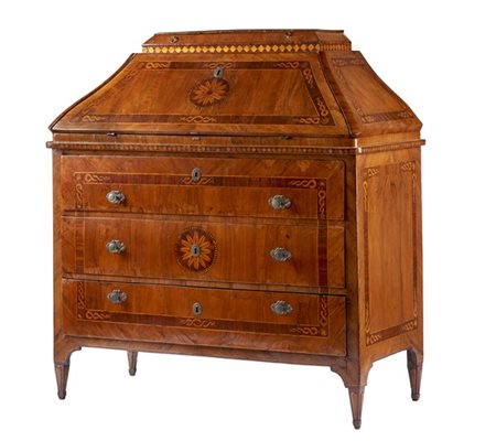 Ribalta a urna lastronata in noce, filettata ed intarsiata in palissandro e leg