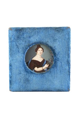 Ignoto secolo XIX. "Ritratto di dama con fiori" miniatura tonda su avorio (d. c