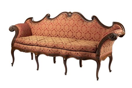 Divano a ventaglio in noce con schienale a profilo mistilineo e otto gambe moss