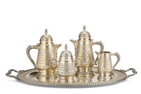 Servizio da té e caffè in argento composto da caffettiera, teiera, lattiera, zu