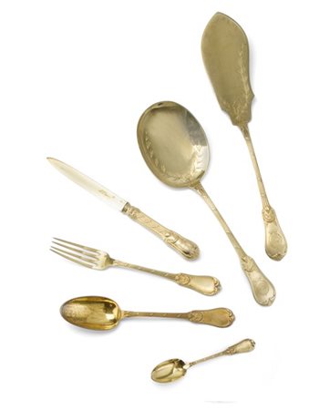 Servizio di posate da dodici in vermeil con impugnatura scanalata, terminante c