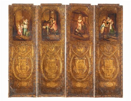 Paravento a quattro ante in cuoio impresso a putti alati e mascheroni ferini co