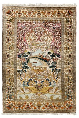 Tappeto preghiera Keshan, Persia, fine secolo XIX. Annodato in seta su ordito e