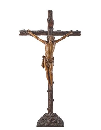 Scultore del secolo XVIII. "Cristo crocifisso" figura in legno intagliato su cr