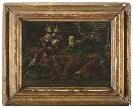 Scuola del secolo XVIII

"Composizione con tappeto, fiori e cagnolino"
olio su