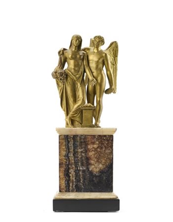 Arte del secolo XIX. Gruppo a soggetto mitologico in bronzo dorato su base a pl