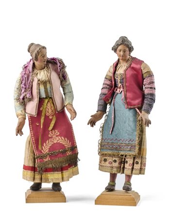 Arte napoletana, secolo XIX. "Giovani popolane" due figure da presepe con parti