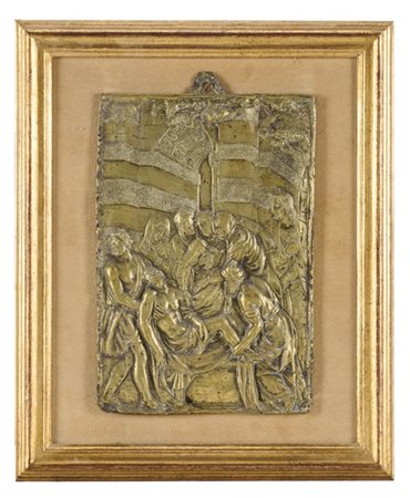 Arte del secolo XVII. Placca in bronzo sbalzato con deposizione di Cristo (cm 2