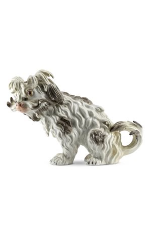 Manifattura del secolo XIX-XX. Figura di cane bolognese in porcellana dipinta i