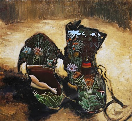 JIRI KOLAR 1914 - 2002 " Scarponi di Van Gogh ", 1989 Tecnica mista su carta,...
