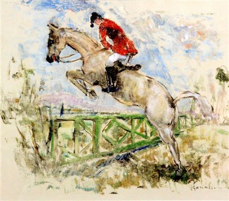 GARIAZZO PIER ANTONIO Torino 1879-1964 "Concorso ippico" 45x51 pastello su...