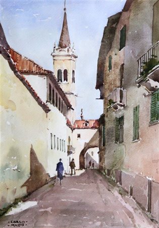 MUSSO CARLO Balangero (TO) 1907 - 1968 "Strada di paese" 40x28 acquerello su...