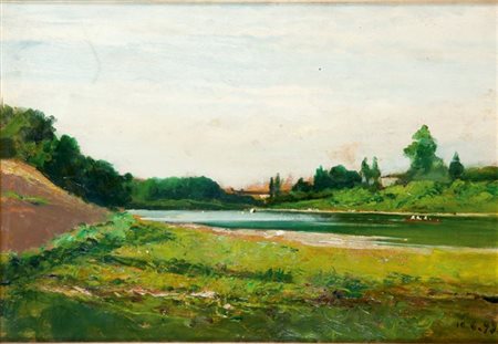 PITTORE DELLA SCUOLA DI DELLEANI "Paesaggio con lago" 10/6/1899 30x45 olio su...