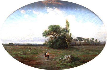 PITTORE ANONIMO DELL'800 "Paesaggio campestre con figure" 36x54 (ovale) olio...