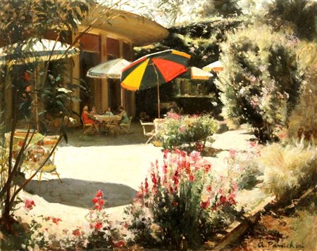 PARACHINI ACHILLE Torino 1888 - 1970 "Dehors" anni '60 60x75 olio su tela...