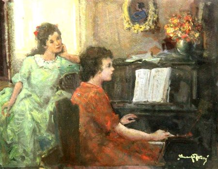 ZOLLA VENANZIO GB 1880 - 1961 Torino "La lezione di piano" anni '940 38x50...