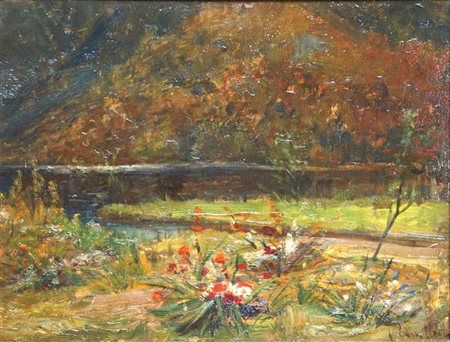 CAVALLERI VITTORIO Torino 1860 - 1938 "Ruscello e campo fiorito" 33,5x45,5...