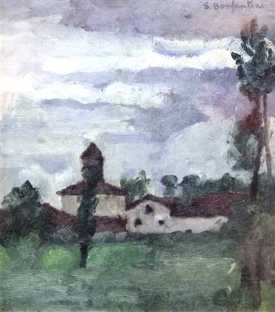 BONFANTINI SERGIO Novara 1910 - 1989 "Case in collina" 35x30 olio su...