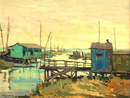 CAMPI SERAFINO Faenza 1905 - 1992 "Capanni da pesca" 1964 33x44 olio su...