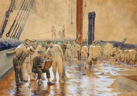 BOURGAIN GUSTAVE F 1855 - 1921 "Vita di bordo" 30x40 tecnica mista su carta...