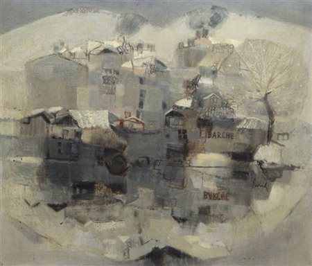 EANDI FERNANDO Torino 1926 "Case sul Po" 1974 60x70 olio su tela Opera...