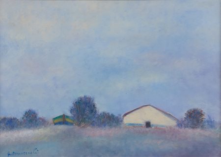 GIOVANNI OMICCIOLI Casa bianca e barche a Fregene, 1956