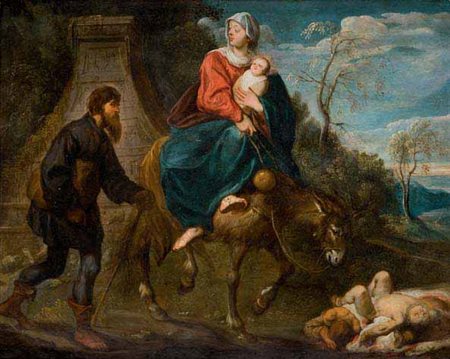 Simon de Vos Anversa 1603 – 1676 FUGA IN EGITTO olio su rame, cm 31,4x40. Si...