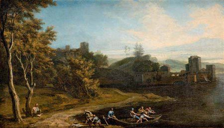 Jacob de Heusch Utrecht 1657 – 1701 PAESAGGIO CON PESCATORI olio su tela, cm...